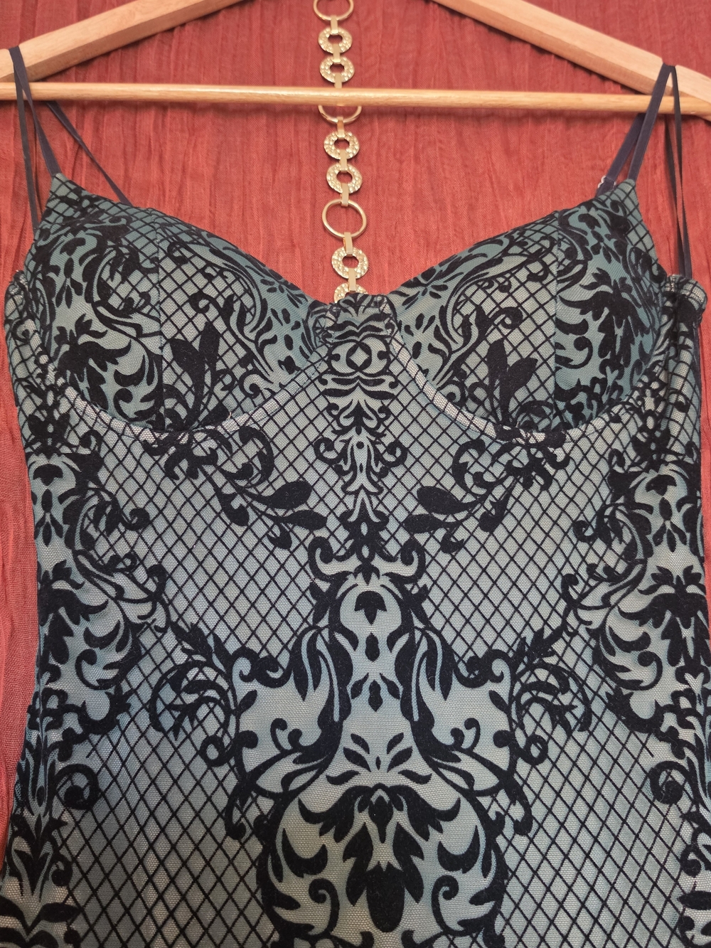 Fashion Nova Teal and Black Baroque Lace-Print Camisole
